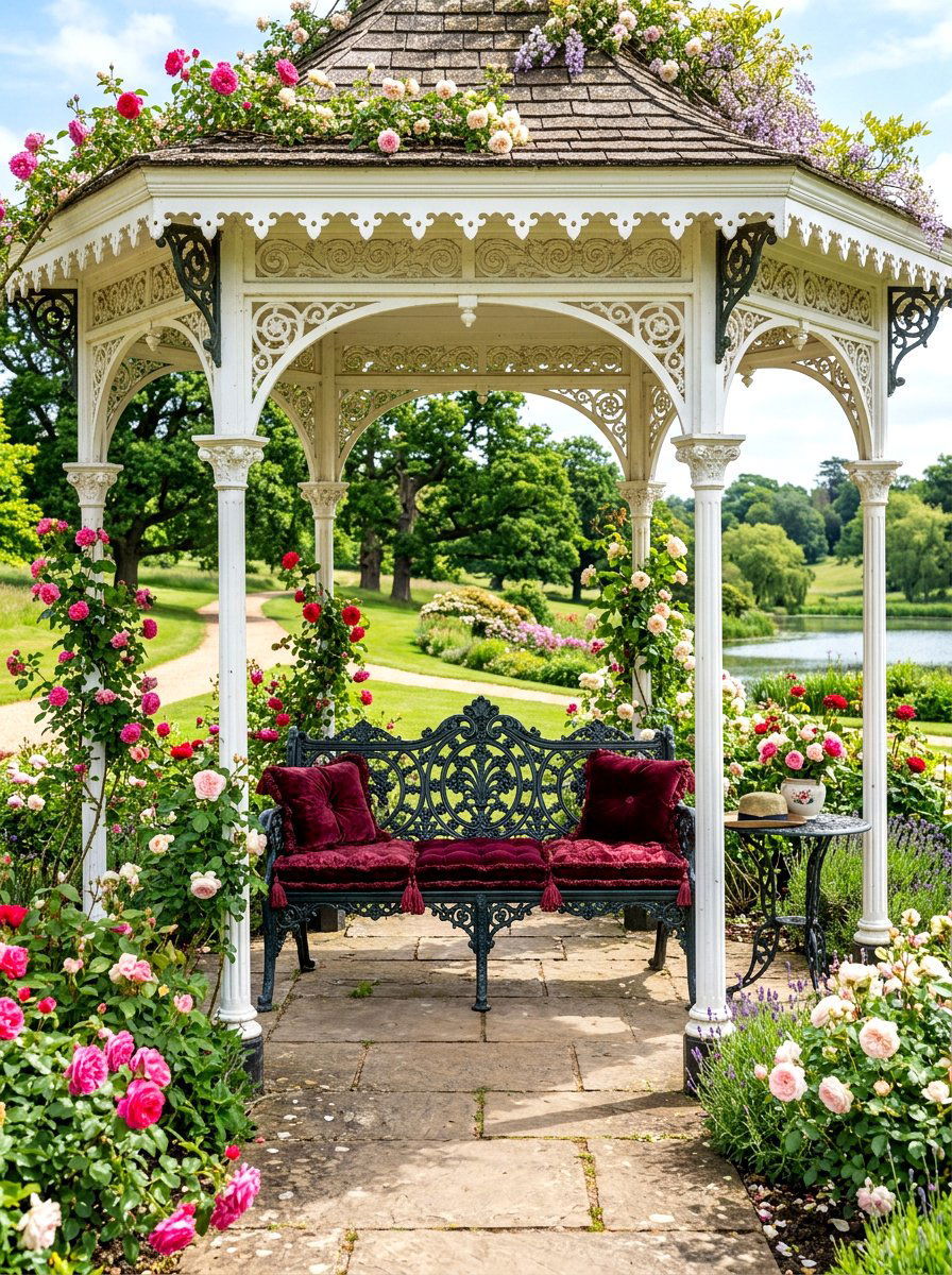 Cast iron garden bench - 30 pavilion lounge furniture ideas