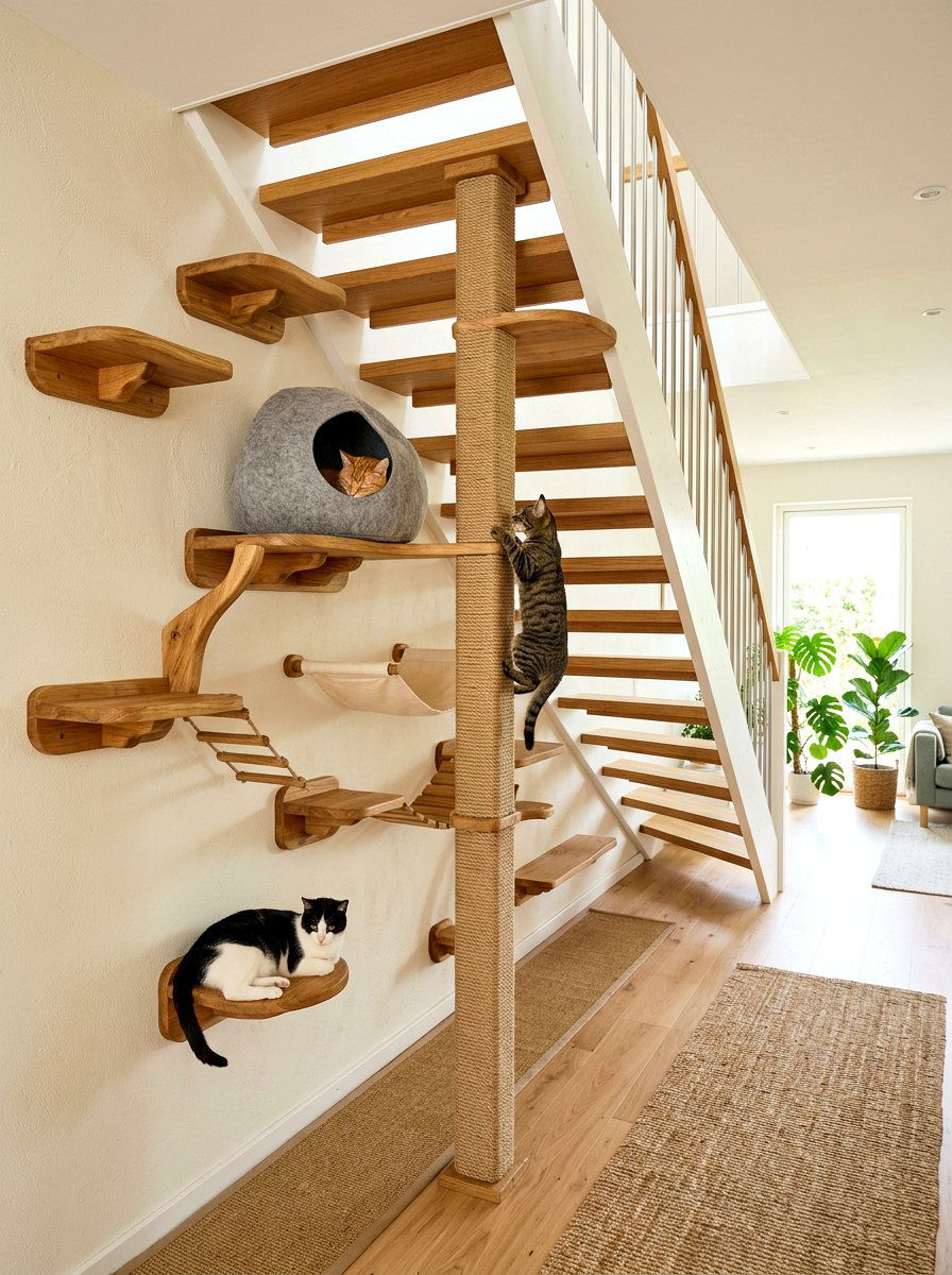 Cat climbing wall - 30 under stairs pet room ideas aesthetic