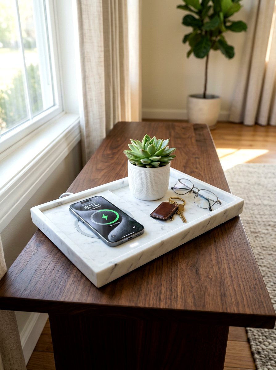 Catchall Tray With Wireless Charger - 30 charging station entryway ideas