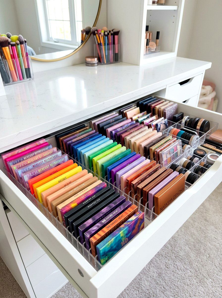 Categorized makeup palette storage - 30 vanity drawer organization ideas