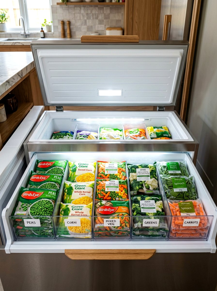 Categorized vegetable freezer organization bins - 30 freezer organization ideas