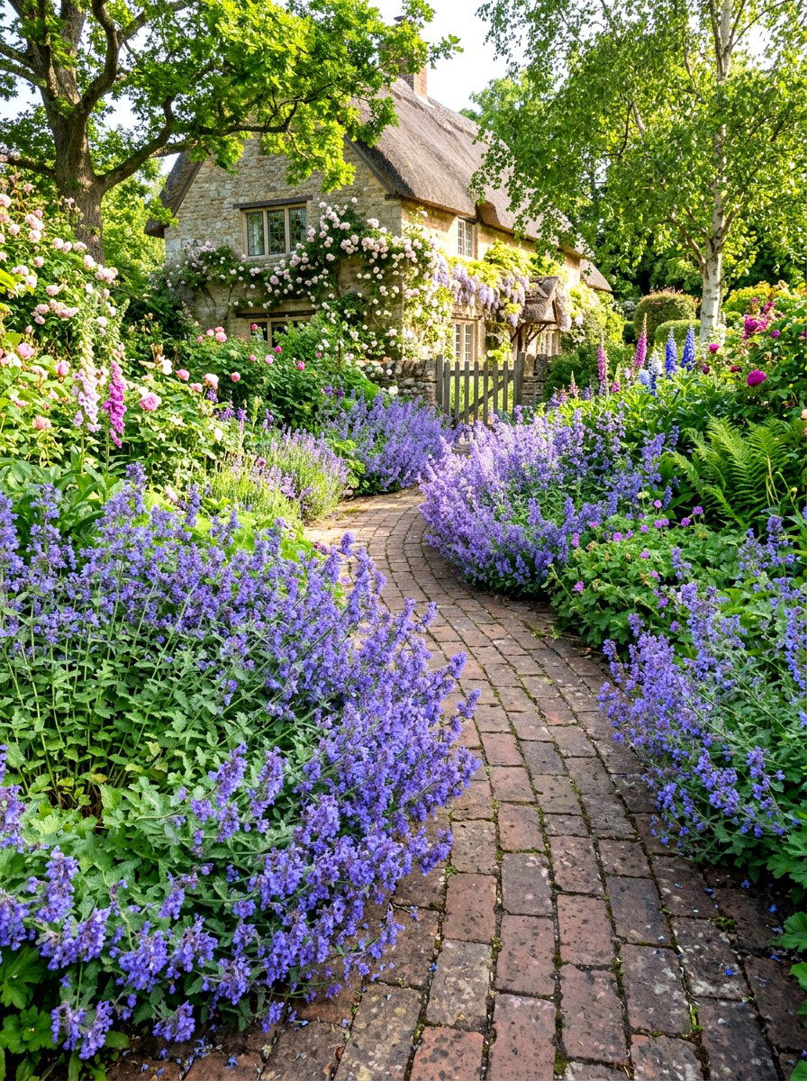 Catmint romantic walkway - 30 walkway border planting ideas