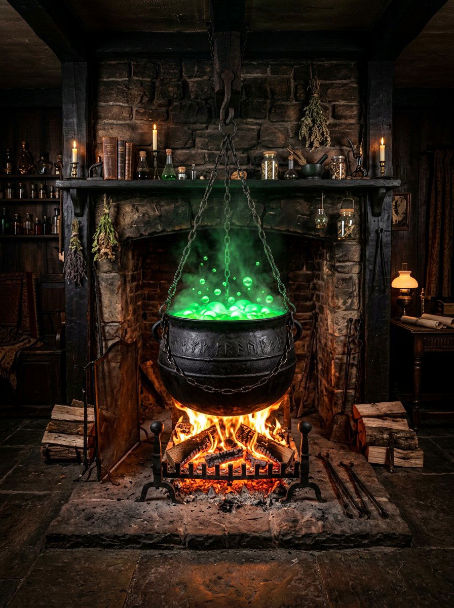 Cauldron Fireplace Setup - 30 Halloween mantel decor ideas