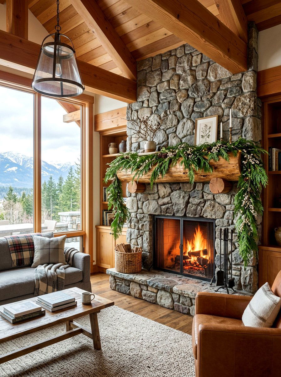 Cedar Branch Mantel - 30 winter mantel decor ideas