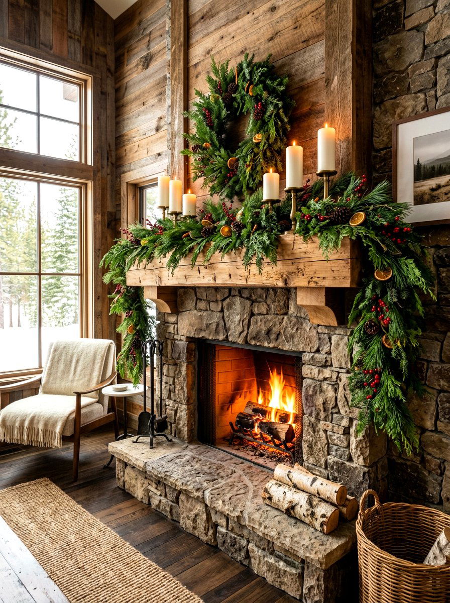 Cedar Branch Mantel - 30 ski lodge holiday decor ideas