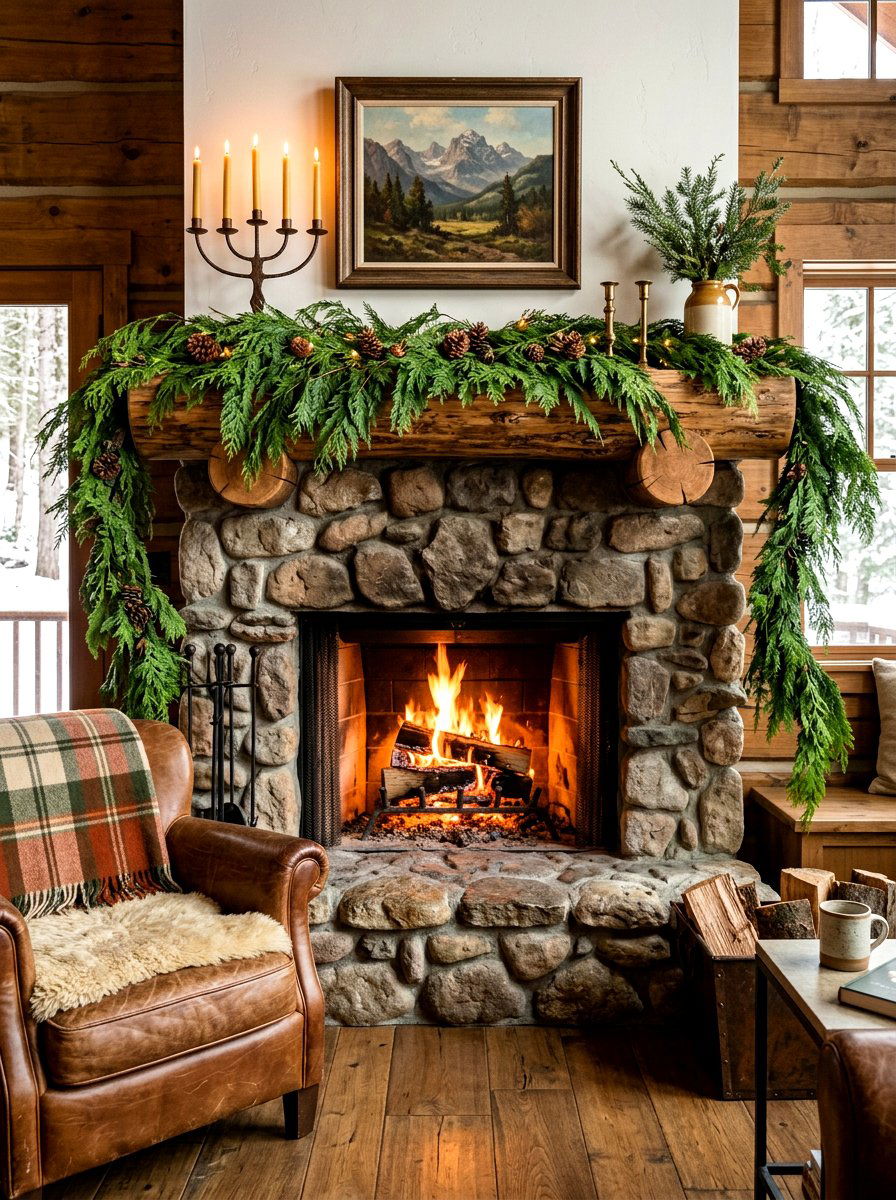 Cedar Branch Mantel - 30 holiday mantel garland ideas