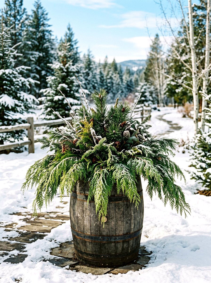 Cedar Branch Planter - 30 winter container garden ideas