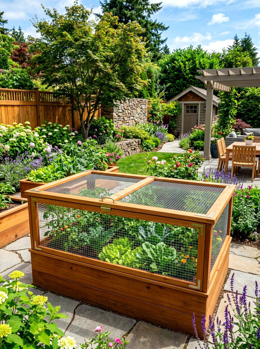 Cedar Frame Hardware Cloth Cover - 30 raised bed cover ideas