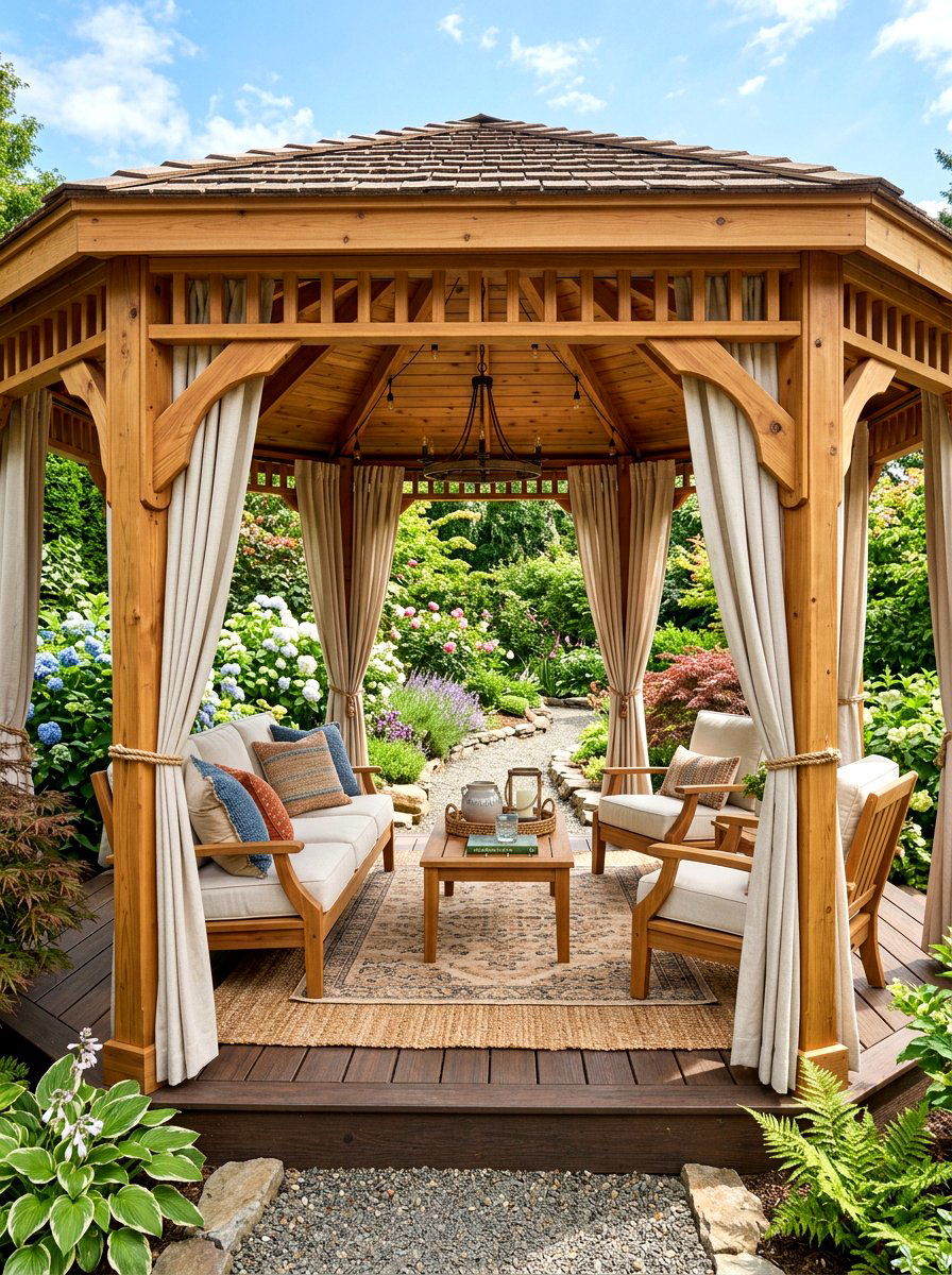 Cedar Gazebo Outdoor Living Room - 30 warm wood patio lounge ideas