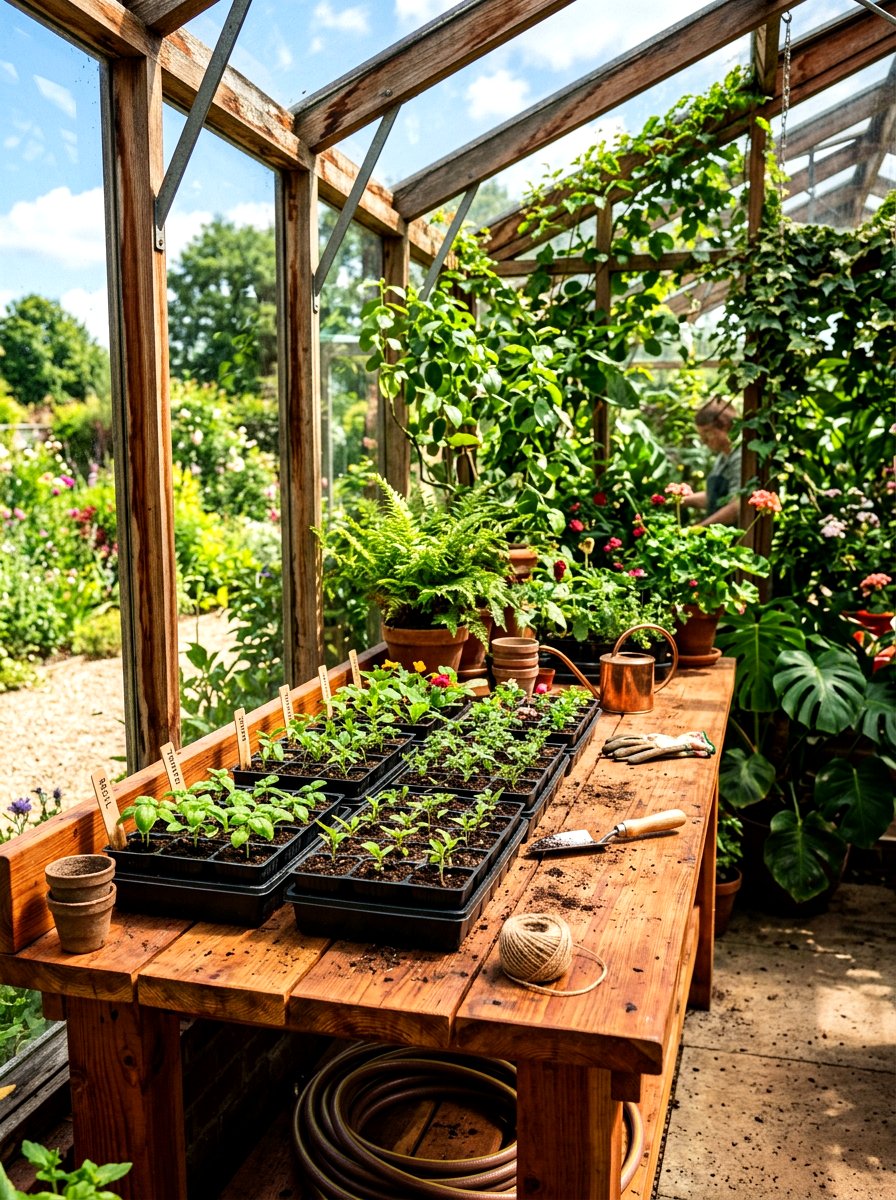 Cedar Greenhouse Workbench - 30 greenhouse potting bench ideas