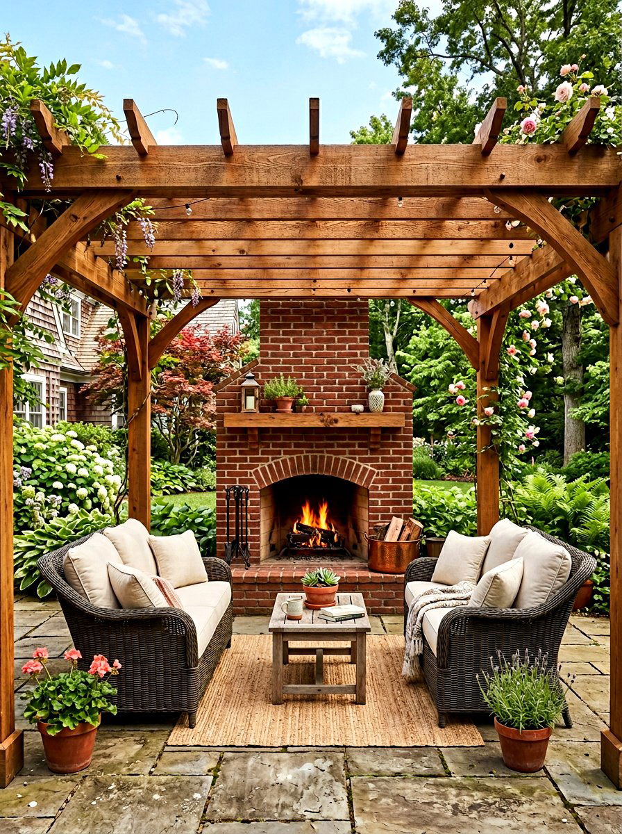 Cedar Pergola Brick Fireplace - 30 pergola with fireplace ideas