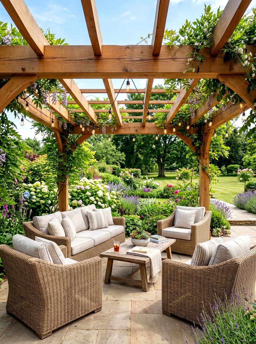 Cedar Pergola Outdoor Seating - 30 warm wood patio lounge ideas