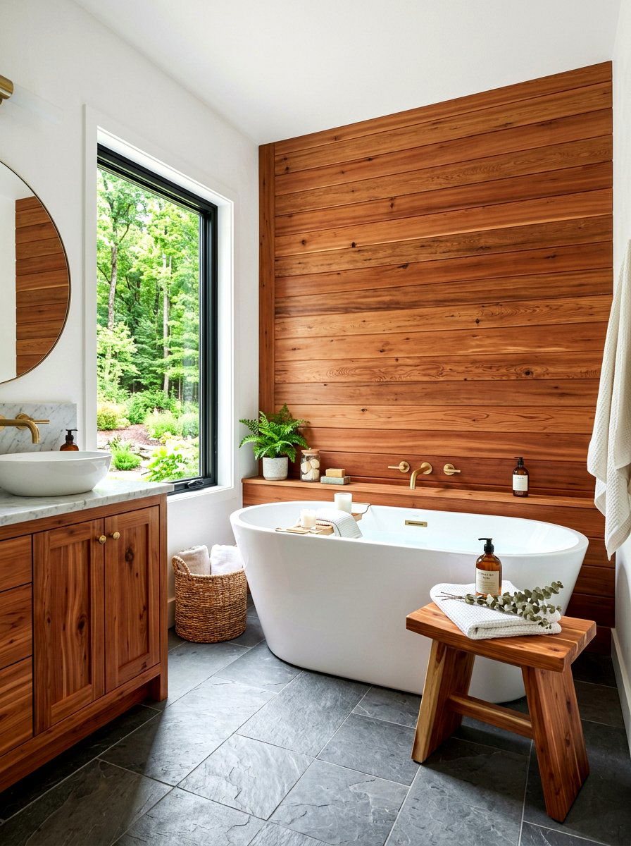 Cedar Wood Accents - 30 rustic spa bathroom ideas