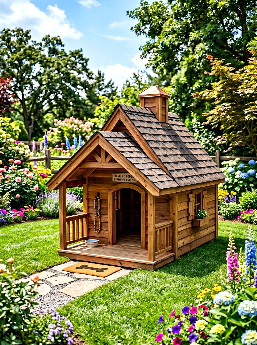 Cedar Wood Dog House - 30 dog friendly backyard ideas