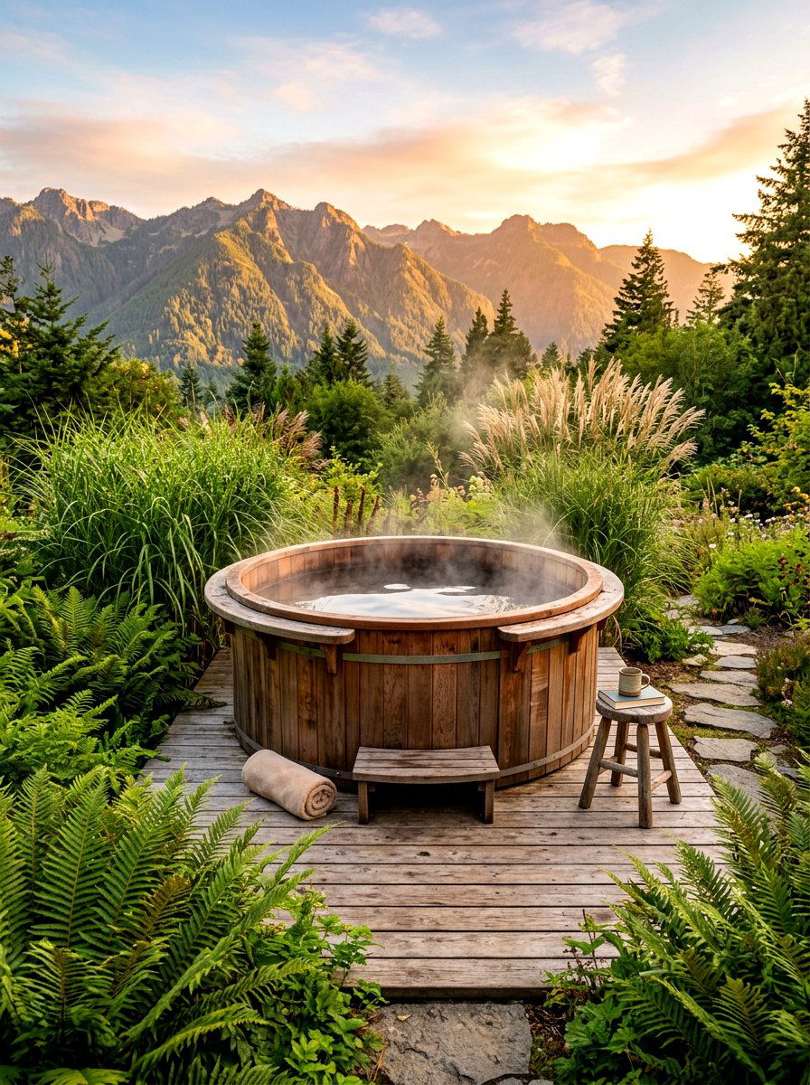 Cedar Wood Hot Tub - 30 backyard spa retreat ideas