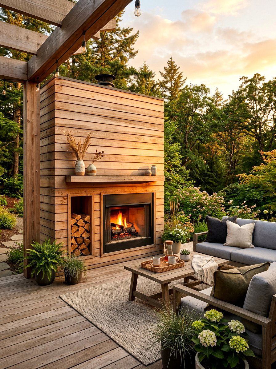 Cedar Wood Paneled Outdoor Fireplace - 30 modern outdoor fireplace ideas