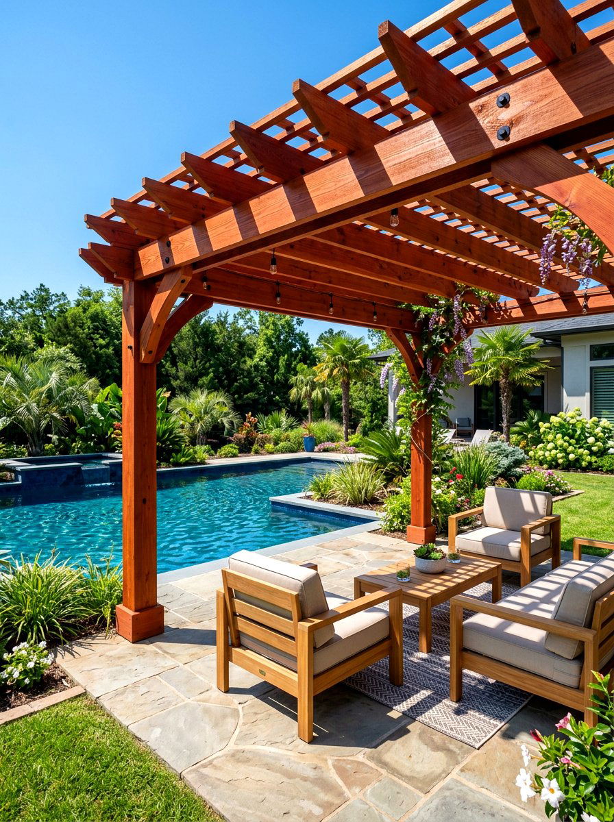 Cedar Wood Pergola - 30 poolside pergola ideas