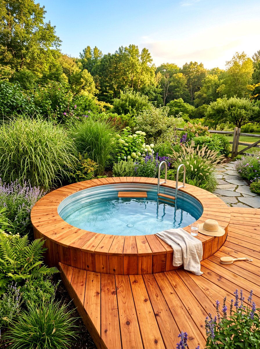 Cedar Wood Pool Surround - 30 stock tank pool deck ideas