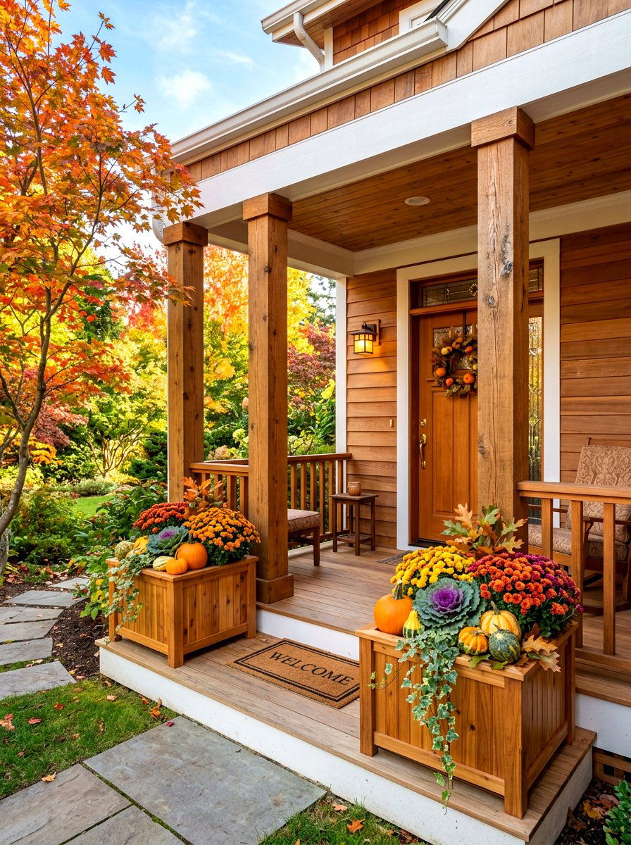 Cedar Wood Porch Planter - 30 natural autumn porch ideas