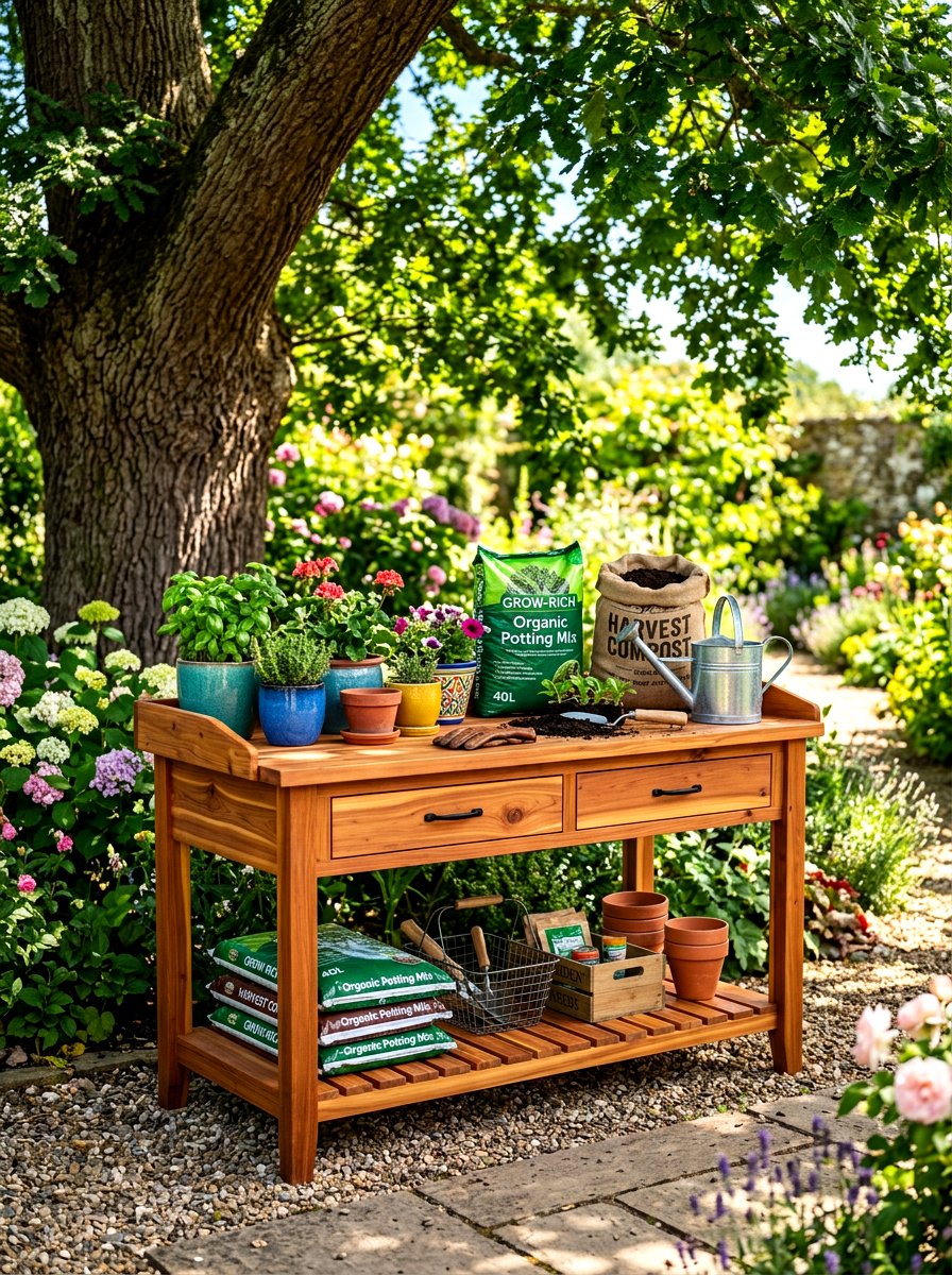 Cedar Wood Potting Table - 30 outdoor potting station ideas