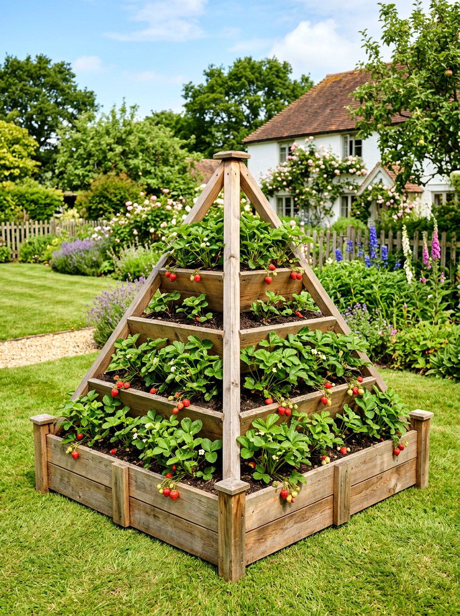 Cedar Wood Pyramid Planter - 30 strawberry tower ideas