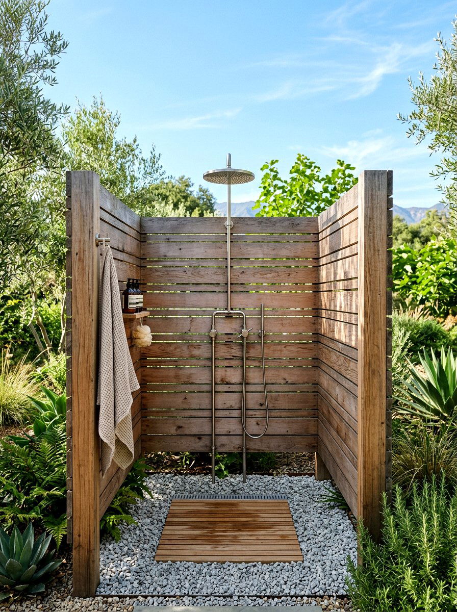 Cedar Wood Slat Shower - 30 outdoor shower ideas