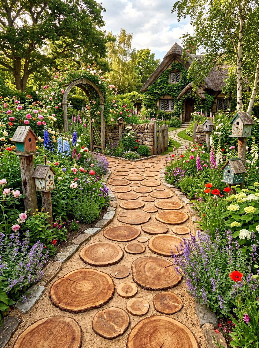 Cedar Wood Sliced Disc Path - 30 curved walkway ideas