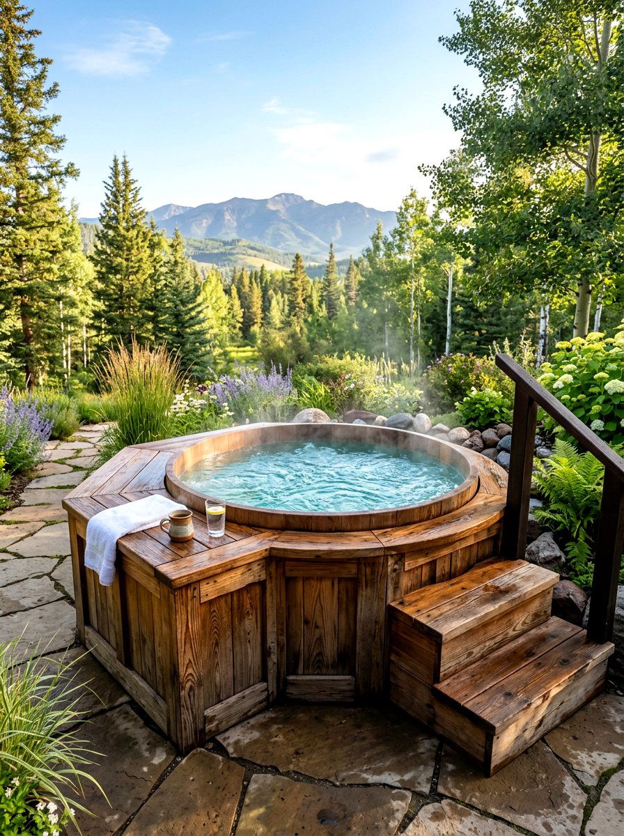 Cedar Wood Surround - 30 hot tub patio decor ideas aesthetic