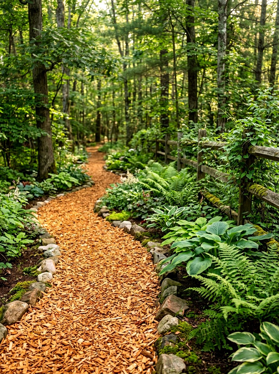 Cedar chip walkway - 30 narrow side yard path ideas