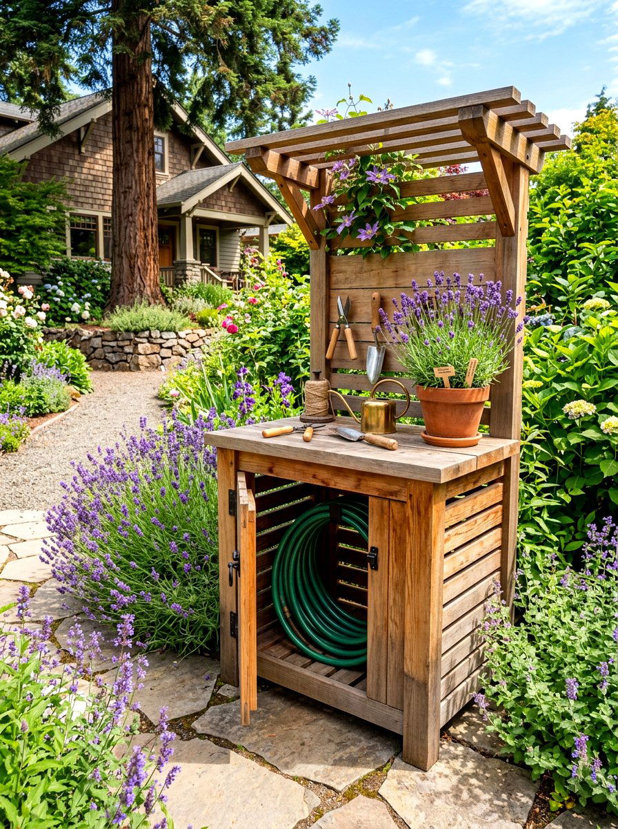 Cedar hose storage station - 30 hose reel hideaway ideas