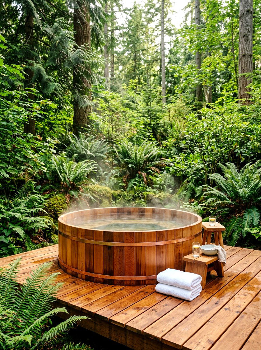Cedar hot tub - 30 cabin backyard landscaping ideas