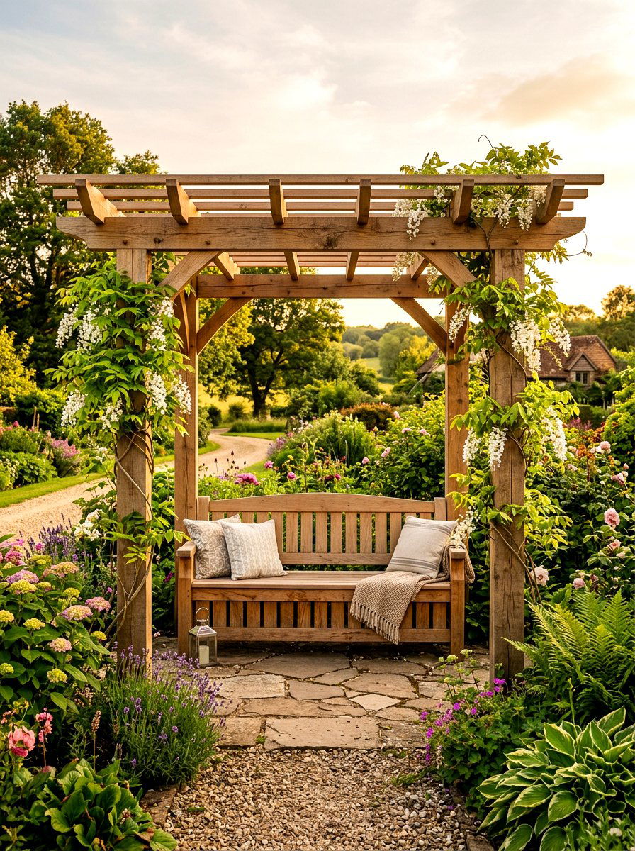 Cedar pergola bench - 30 garden arbor seating ideas