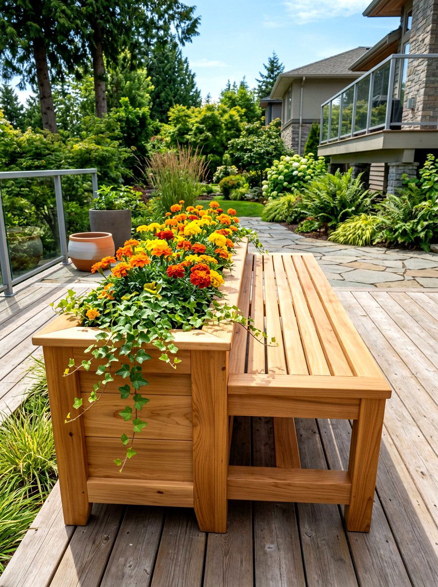 Cedar planter bench - 30 patio bench with planter ideas