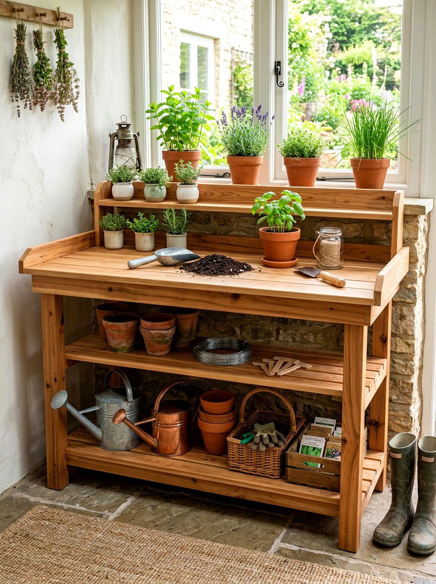 Cedar potting bench - 30 greenhouse shelving ideas