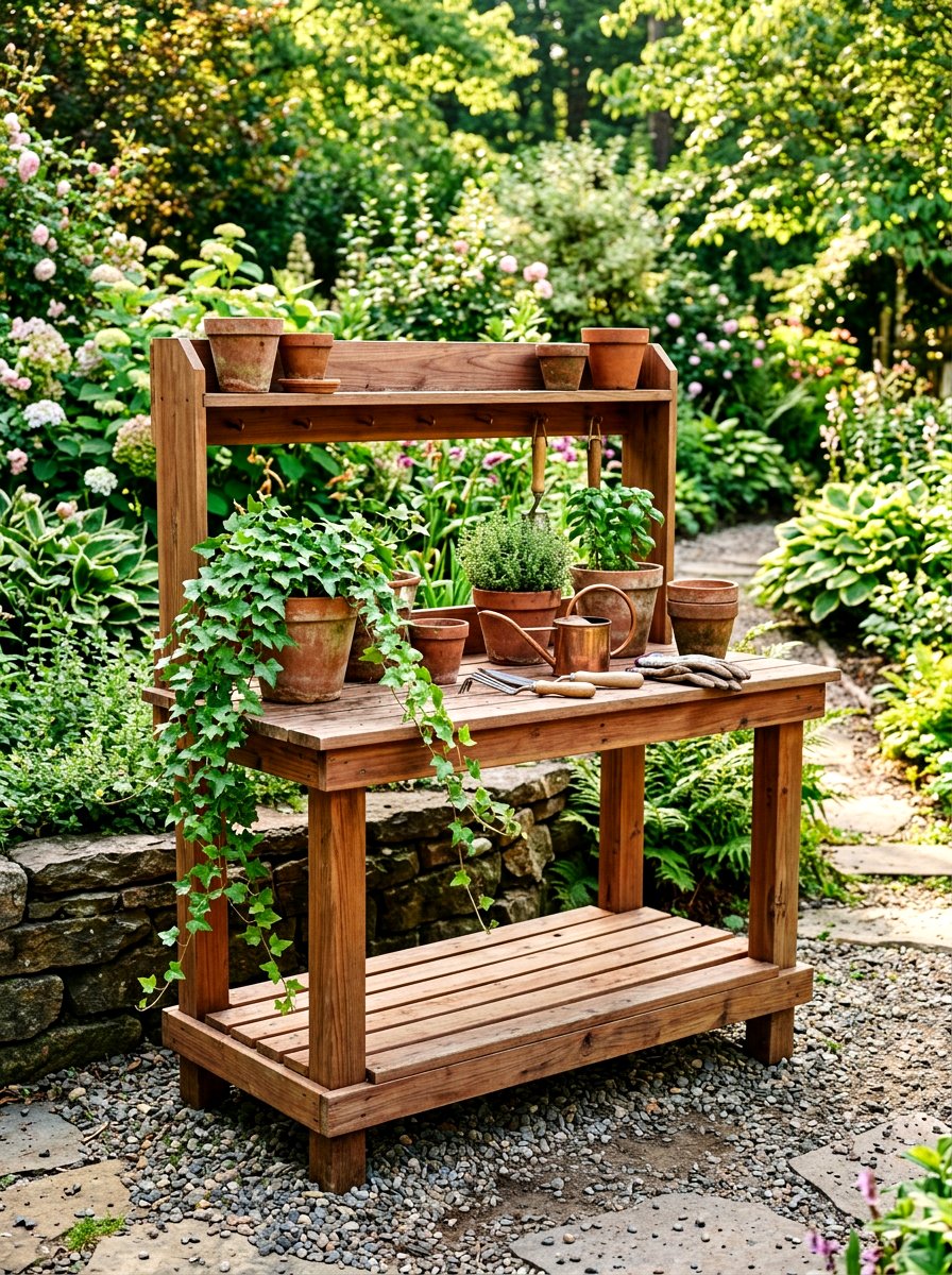 Cedar potting table - 30 potting table greenhouse ideas