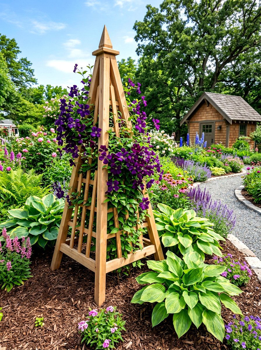 Cedar pyramid trellis - 30 clematis trellis ideas