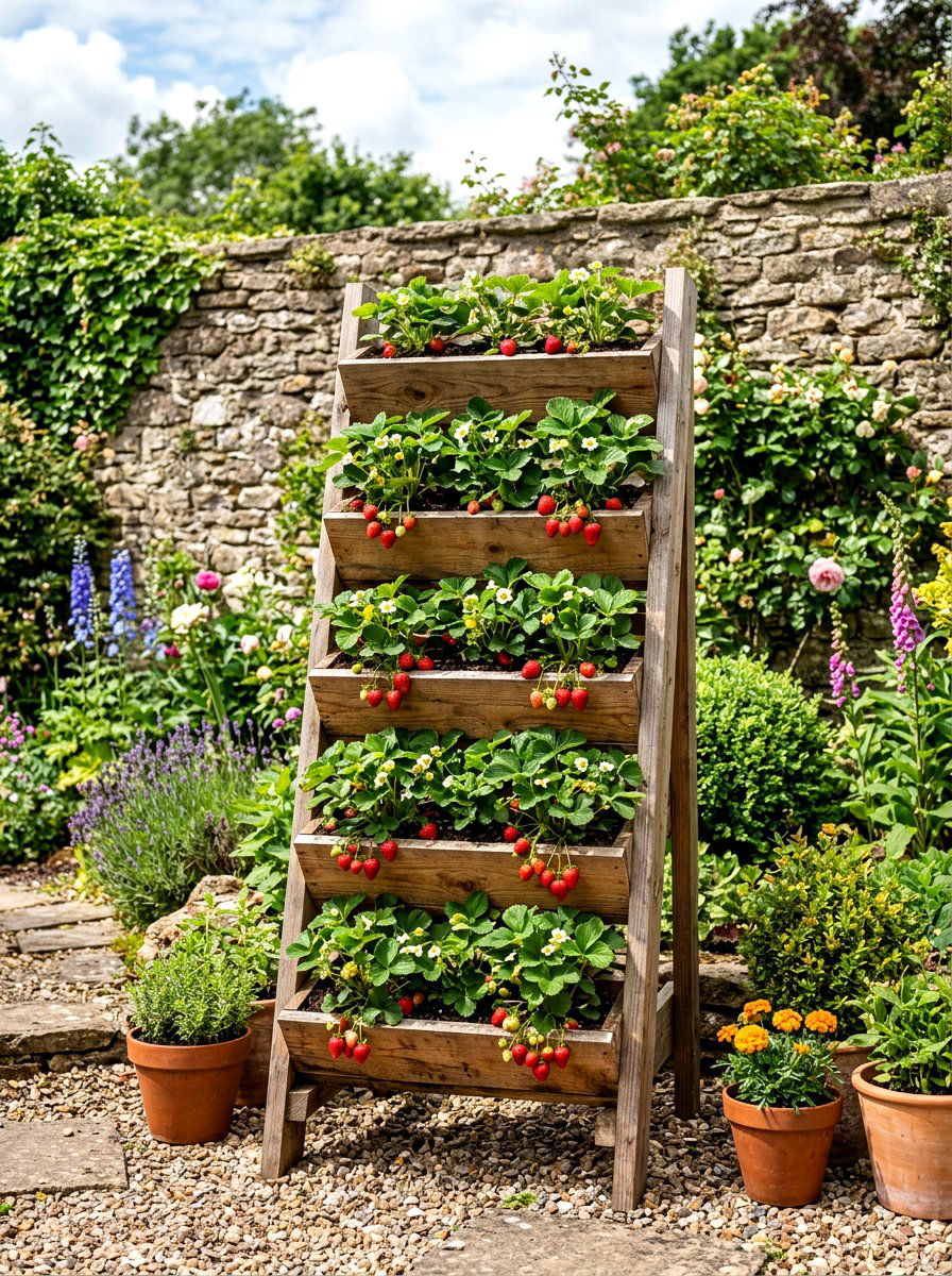 Cedar strawberry ladder - 30 strawberry planter ideas
