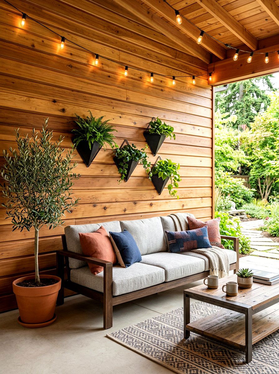 Cedar wood accent wall - 30 neutral backyard styling ideas
