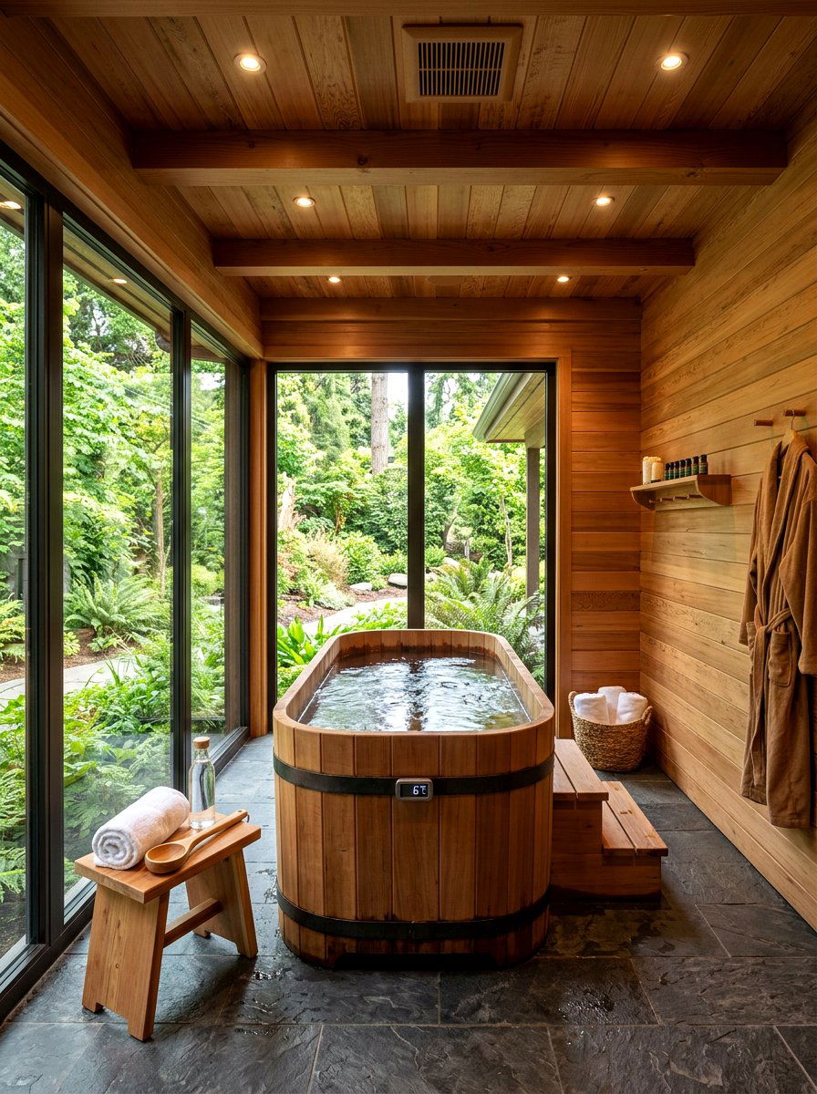 Cedar wood cold plunge room - 30 cold plunge room ideas