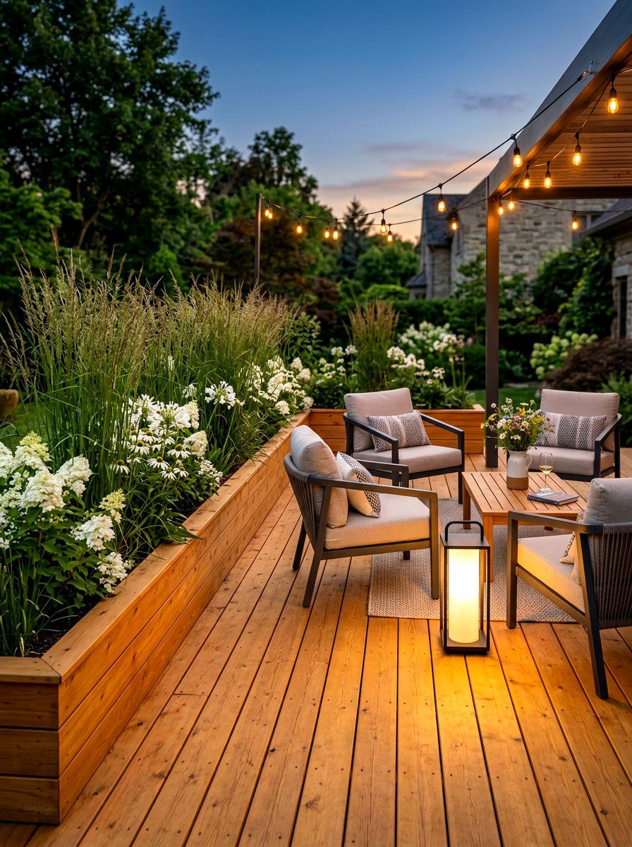 Cedar wood deck troughs - 30 deck planter ideas