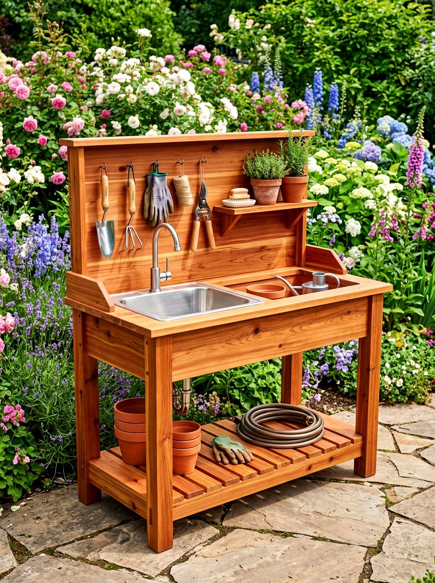 Cedar wood garden station sink - 30 outdoor sink station ideas