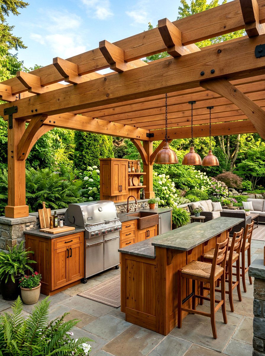 Cedar wood outdoor kitchen - 30 pergola with kitchen ideas
