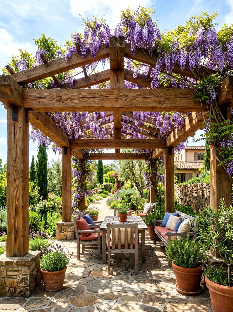 Cedar wood pergola - 30 rustic garden ideas