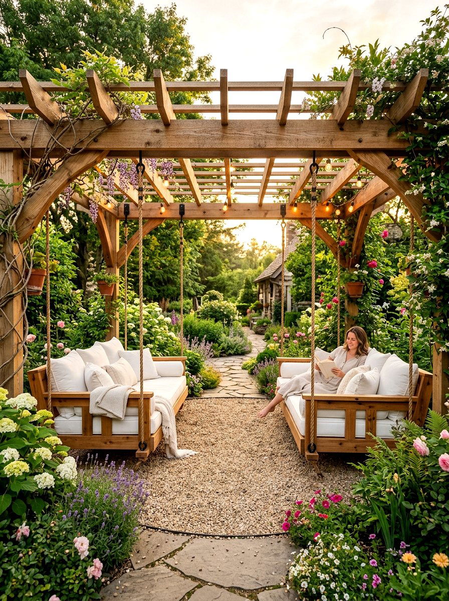 Cedar wood pergola with swings - 30 pergola ideas