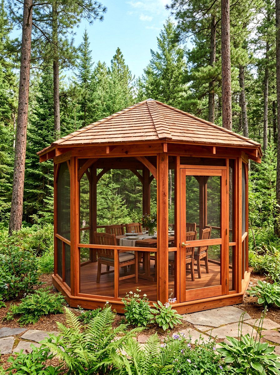 Cedar wood screened gazebo - 30 screened gazebo dining ideas