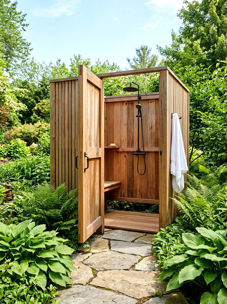 Cedar wood shower enclosure - 30 outdoor shower privacy ideas