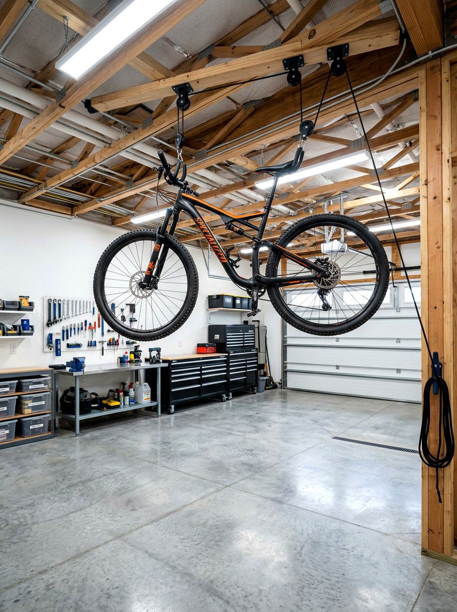 Ceiling Bike Hoist - 30 garage tool storage ideas