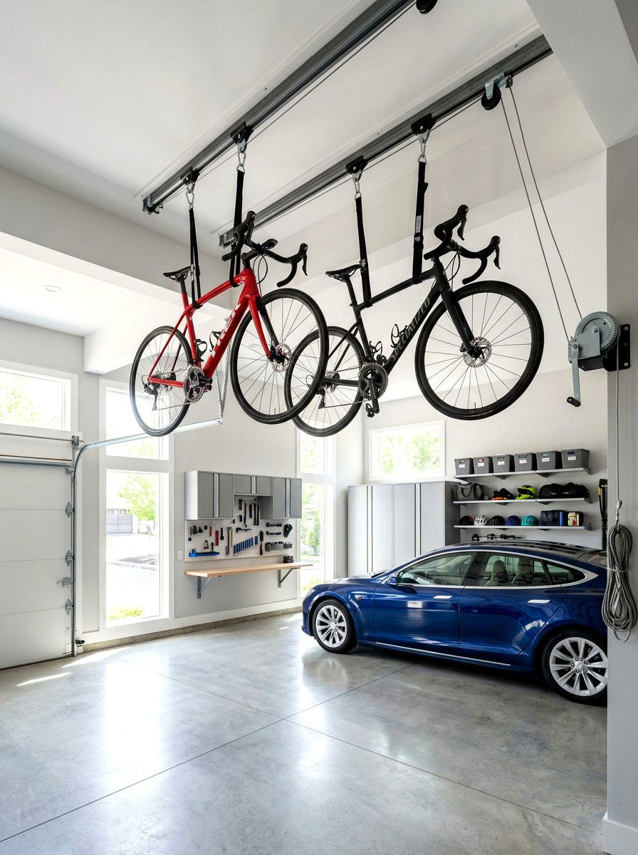 Ceiling Bike Hoist - 30 clean garage aesthetic ideas