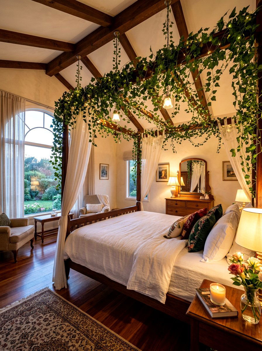 Ceiling Hanging Ivy - 30 bedroom plant decor ideas