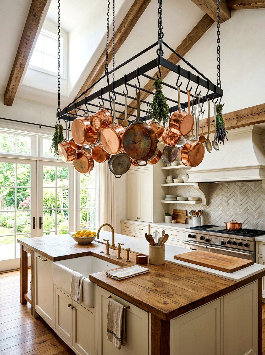 Ceiling Hanging Pot Rack - 30 micro kitchen storage ideas